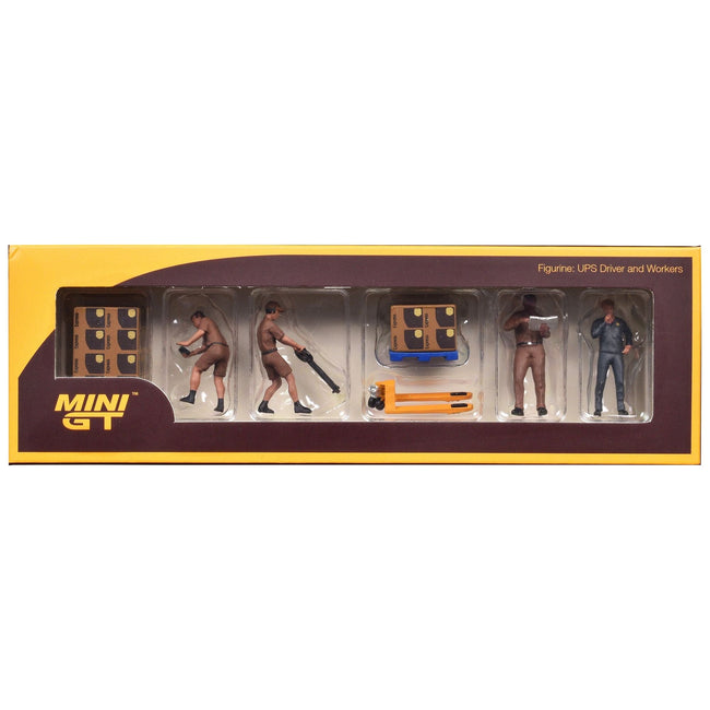 "UPS Driver and Workers" 7 Piece Figure Set for 1/64 Scale Models by Mini GT - Mini GT - ModelCars.com