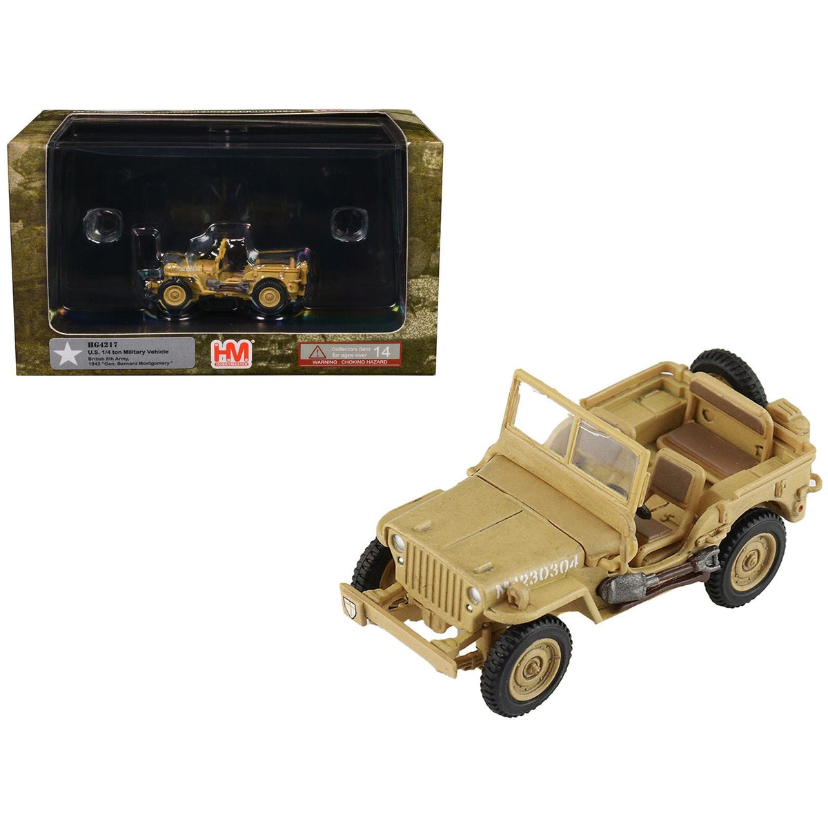 U.S. 1/4 ton Military Vehicle Desert Sand "British 8th Army Gen. Bernard Montgomery Sicily" (1943) Royal Army "Ground Power Series" 1/72 Diecast Model by Hobby Master-Hobby Master-ModelCars.com
