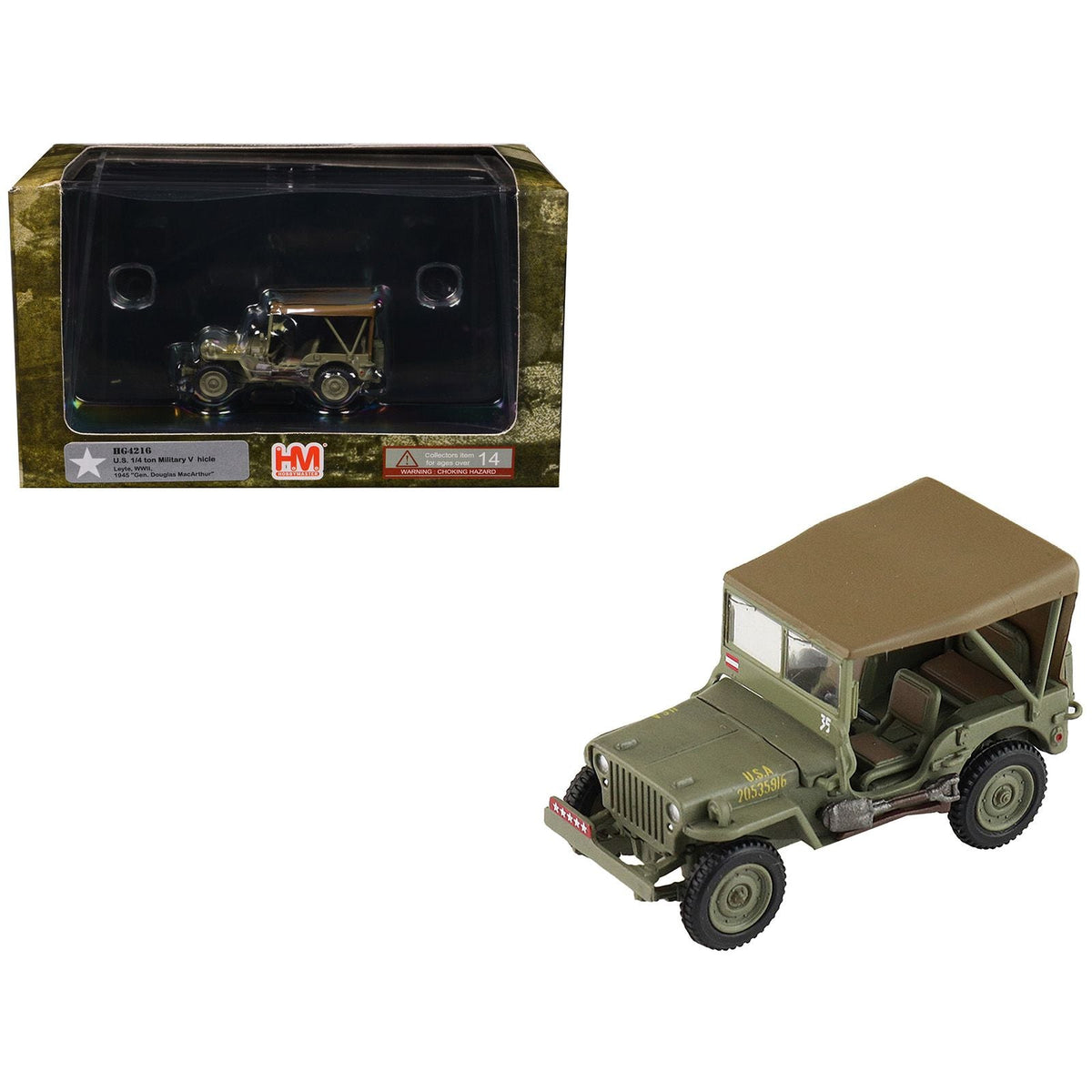 U.S. 1/4 ton Military Vehicle Olive Drab "Gen. Douglas MacArthur Leyte WWII" (1945) United States Army "Ground Power Series" 1/72 Diecast Model by Hobby Master-Hobby Master-ModelCars.com