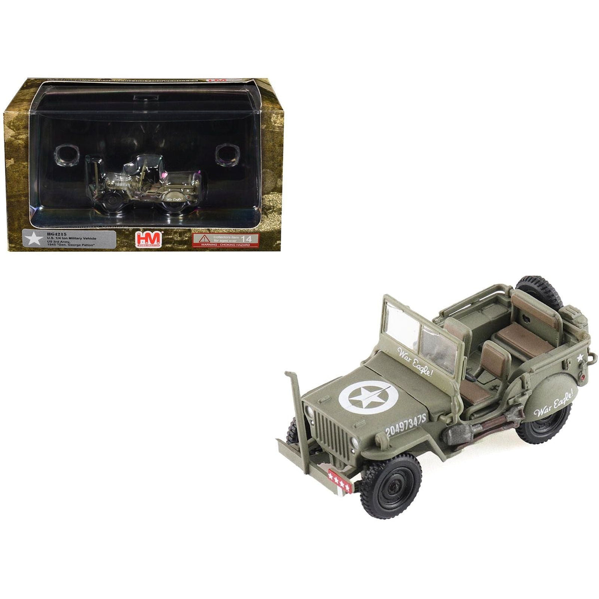 U.S. 1/4 ton Military Vehicle Olive Drab "Gen. George Patton US 3rd Army War Eagle" (1945) United States Army "Ground Power Series" 1/72 Diecast Model by Hobby Master-Hobby Master-ModelCars.com