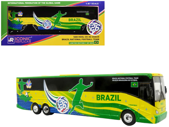 Van Hool CX-45 Coach Bus "Brazil National Football Team" Yellow and Green with Graphics "International Federation of the Global Game" Series Limited Edition to 504 pieces Worldwide 1/87 (HO) Diecast Model by Iconic Replicas-Iconic Replicas-ModelCars.com