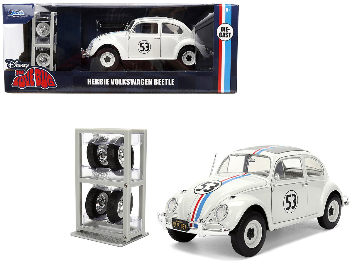 Volkswagen Beetle #53 "Herbie" White with Stripes "The Love Bug" (1968) Movie with Extra Wheels 1/24 Diecast Model Car by Jada-Jada-ModelCars.com