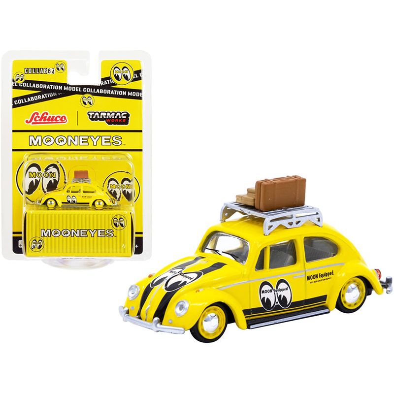 Volkswagen Beetle Low Ride Yellow with Roof Rack and Luggage "Mooneyes" "Collaboration Model" 1/64 Diecast Model Car by Schuco & Tarmac Works-Schuco-ModelCars.com