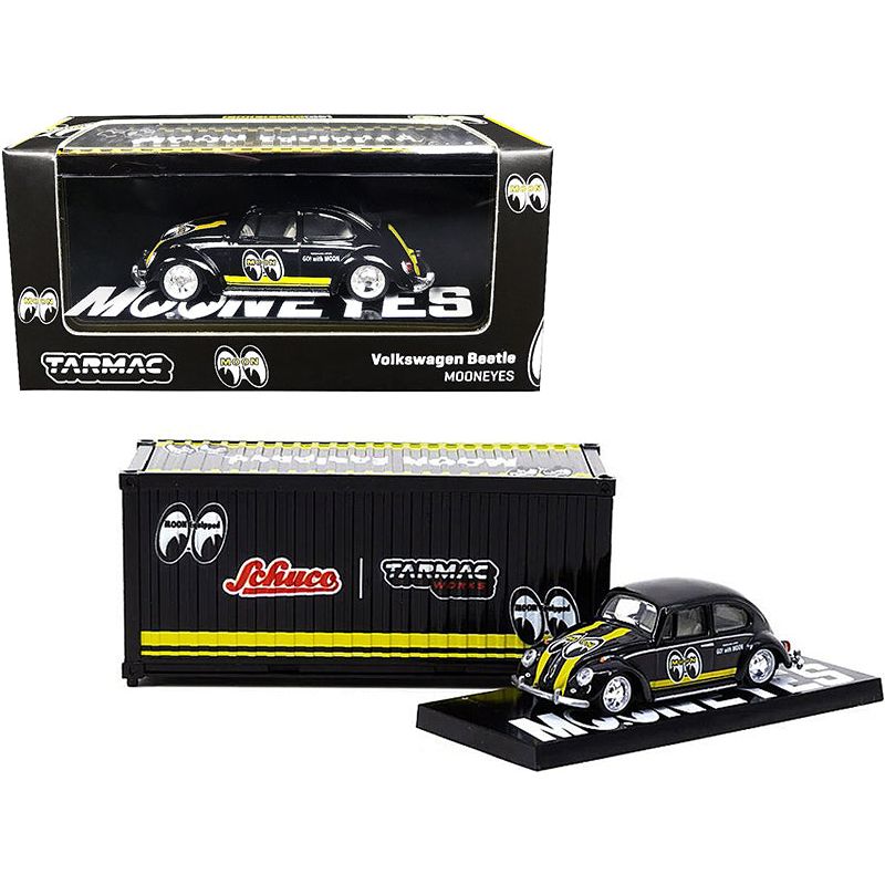 Volkswagen Beetle "Mooneyes" Black with Yellow Stripes with Container Case "Collaboration Model" 1/64 Diecast Model Car by Schuco & Tarmac Works - Schuco - ModelCars.com