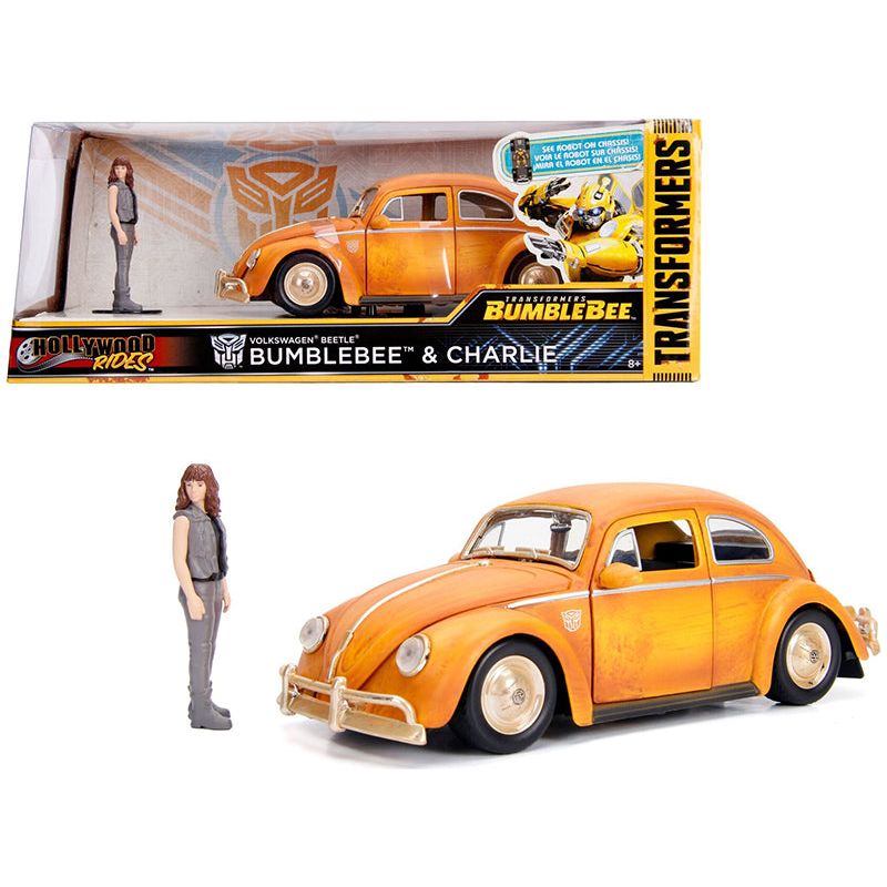 Volkswagen Beetle Weathered Yellow with Robot on Chassis and Charlie Diecast Figurine "Bumblebee" (2018) Movie ("Transformers" Series) "Hollywood Rides" Series 1/24 Diecast Model Car by Jada - Jada - ModelCars.com