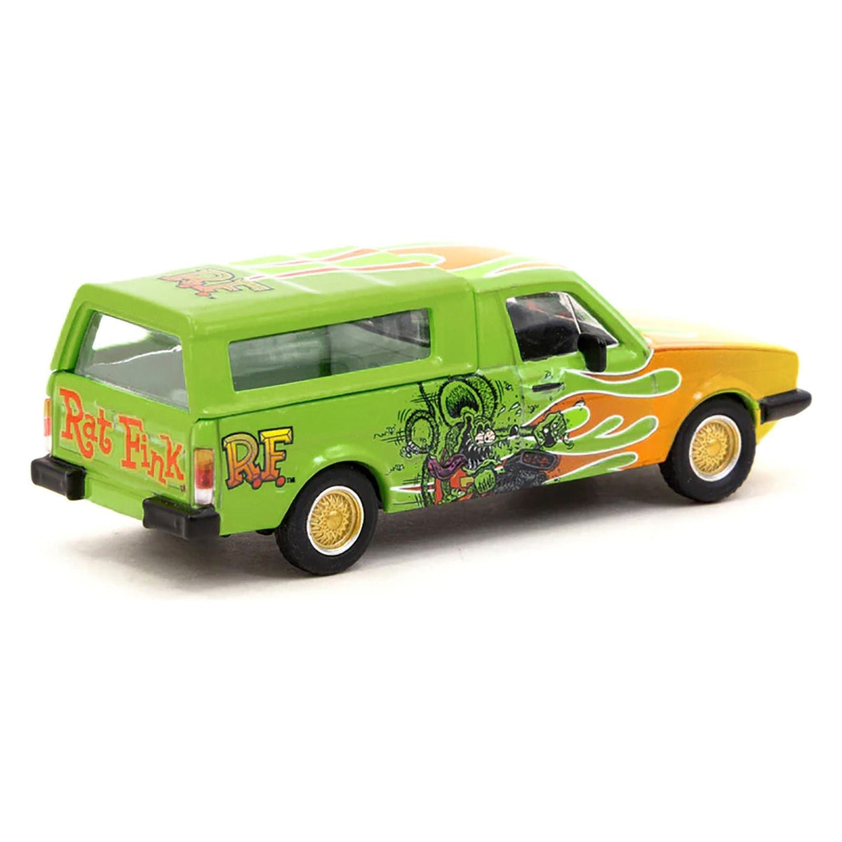 Volkswagen Caddy Pickup Truck with Camper Shell Green with Flames and Graphics "Rat Fink" "Collab64" Series 1/64 Diecast Model Car by Schuco & Tarmac Works-Schuco-ModelCars.com