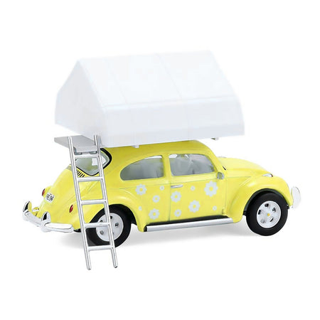 Volkswagen Classic Beetle Yellow with White Flower Graphics and Interior with Camp'otel Cartop Sleeper Tent "The Great Outdoors" Series 4 1/64 Diecast Model Car by Greenlight-Greenlight-ModelCars.com