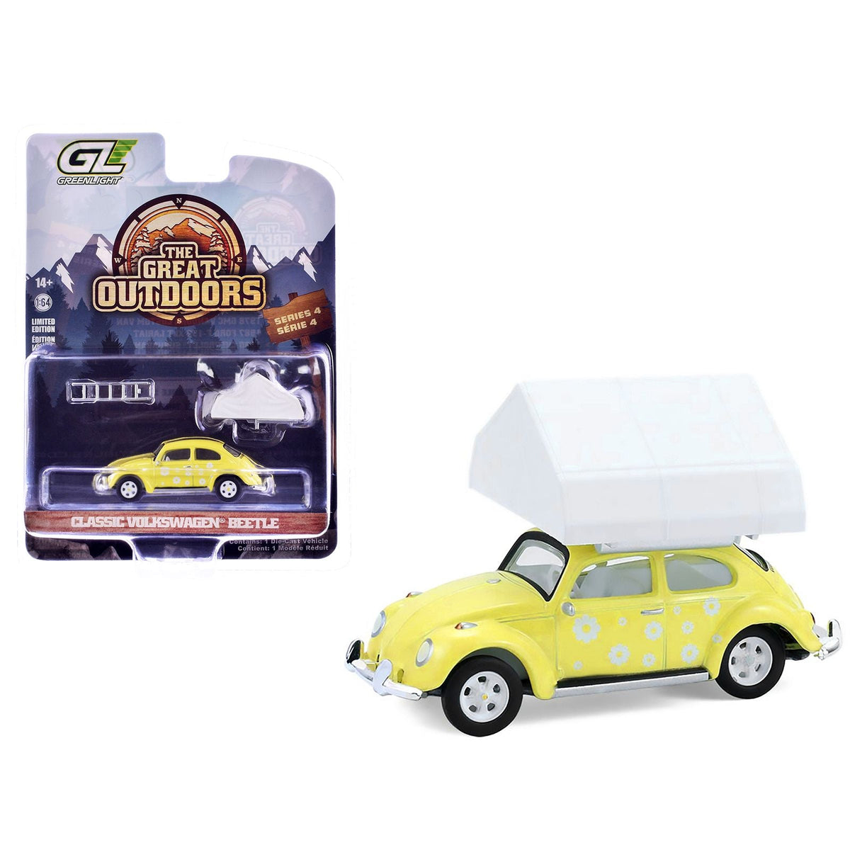 Volkswagen Classic Beetle Yellow with White Flower Graphics and Interior with Camp'otel Cartop Sleeper Tent "The Great Outdoors" Series 4 1/64 Diecast Model Car by Greenlight-Greenlight-ModelCars.com