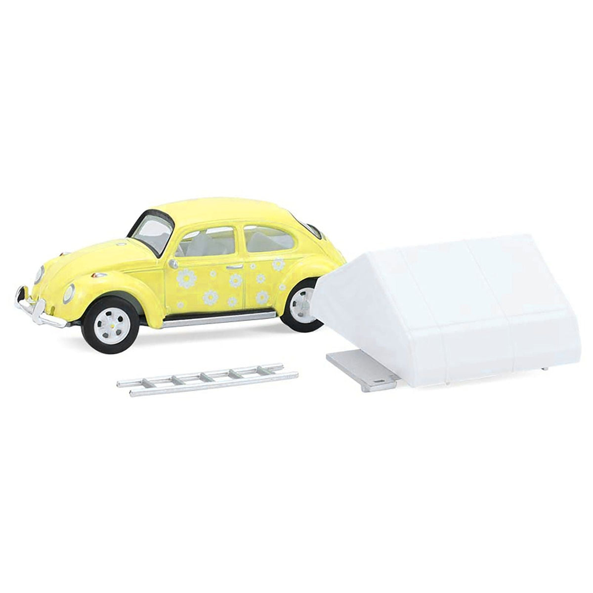 Volkswagen Classic Beetle Yellow with White Flower Graphics and Interior with Camp'otel Cartop Sleeper Tent "The Great Outdoors" Series 4 1/64 Diecast Model Car by Greenlight-Greenlight-ModelCars.com