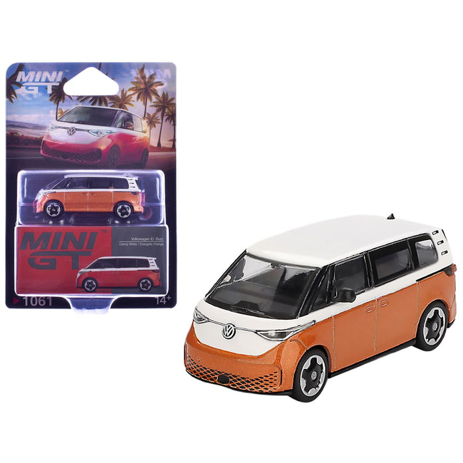 Volkswagen ID.Buzz Van Candy White and Energetic Orange Metallic Limited Edition 1/64 Diecast Model Car by Mini GT-Mini GT-ModelCars.com