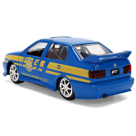 Volkswagen Jetta Police Vehicle "Rio Federal Highway Police" Blue with Yellow Stripes "Fast Five" (2011) Movie "Fast & Furious" Series 1/32 Diecast Model Car by Jada-Jada-ModelCars.com