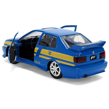Volkswagen Jetta Police Vehicle "Rio Federal Highway Police" Blue with Yellow Stripes "Fast Five" (2011) Movie "Fast & Furious" Series 1/32 Diecast Model Car by Jada-Jada-ModelCars.com