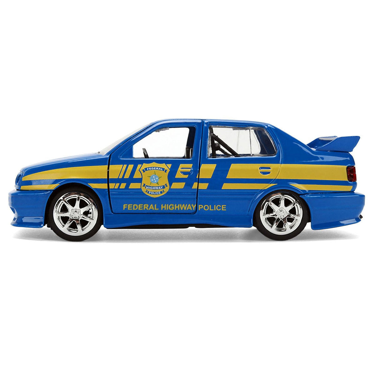 Volkswagen Jetta Police Vehicle "Rio Federal Highway Police" Blue with Yellow Stripes "Fast Five" (2011) Movie "Fast & Furious" Series 1/32 Diecast Model Car by Jada-Jada-ModelCars.com