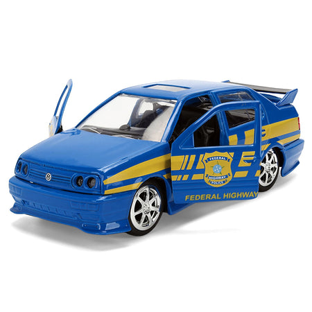 Volkswagen Jetta Police Vehicle "Rio Federal Highway Police" Blue with Yellow Stripes "Fast Five" (2011) Movie "Fast & Furious" Series 1/32 Diecast Model Car by Jada-Jada-ModelCars.com