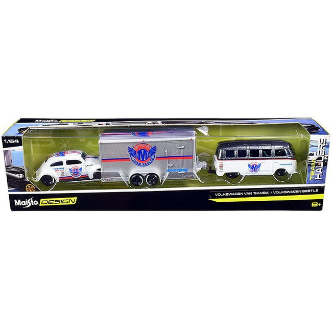 Volkswagen Samba Bus Dark Gray Metallic and White with Volkswagen Beetle White Metallic and Enclosed Car Trailer Silver "Toyo Tires" "Team Haulers" Series 1/64 Diecast Model Cars by Maisto-Maisto-ModelCars.com