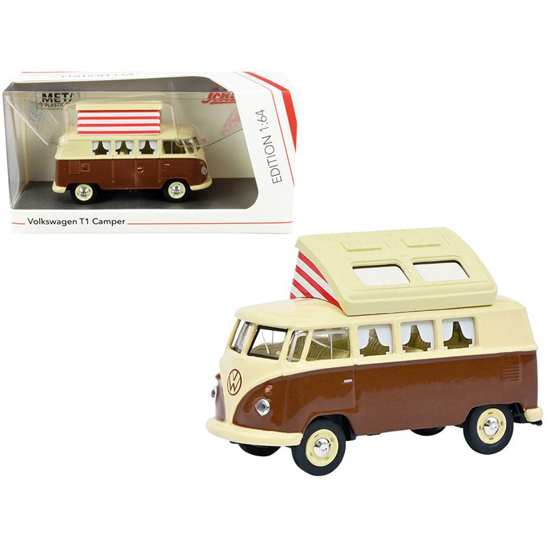 Volkswagen T1 Camper Bus with Pop - Top Roof Brown and Cream 1/64 Diecast Model by Schuco - Schuco - ModelCars.com