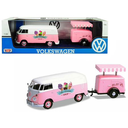 Volkswagen T1 Delivery Van with Ice-Cream Trailer Pink and White "Ice-Cream Shop" 1/24 Diecast Model Car by Motormax-Motormax-ModelCars.com