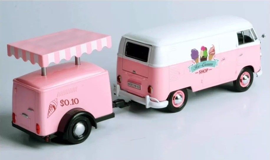 Volkswagen T1 Delivery Van with Ice-Cream Trailer Pink and White "Ice-Cream Shop" 1/24 Diecast Model Car by Motormax-Motormax-ModelCars.com