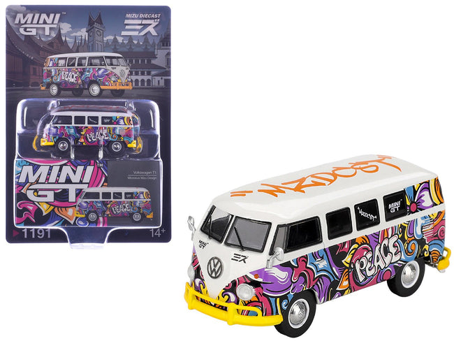 Volkswagen T1 Microbus "Mizu Design" White with Graffiti Graphics Limited Edition 1/64 Diecast Model Car by Mini GT-Mini GT-ModelCars.com