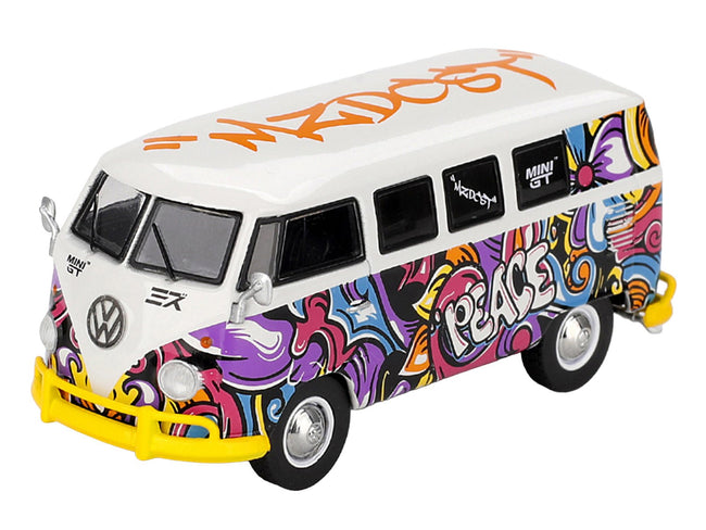 Volkswagen T1 Microbus "Mizu Design" White with Graffiti Graphics Limited Edition 1/64 Diecast Model Car by Mini GT-Mini GT-ModelCars.com