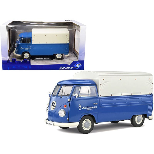 Volkswagen T1 Pickup Truck Blue with Canopy "Volkswagen Service" 1/18 Diecast Model Car by Solido - Solido - ModelCars.com