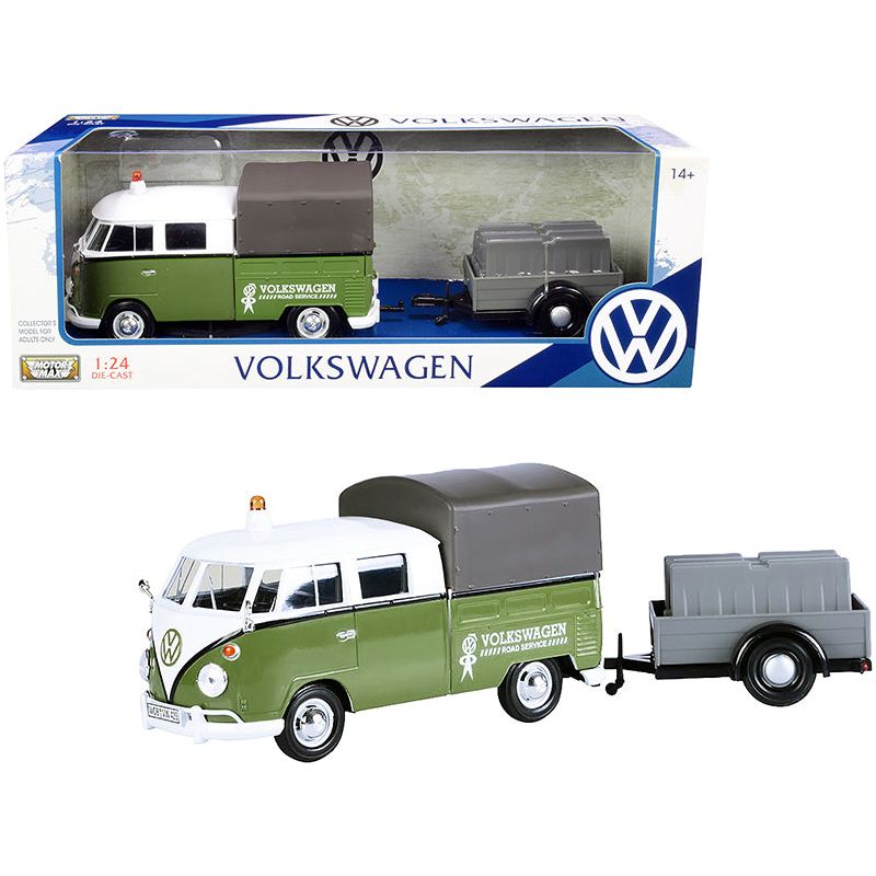 Volkswagen T1 Pickup with Canopy Green and White with Trailer "Road Service" 1/24 Diecast Model Car by Motormax - Motormax - ModelCars.com