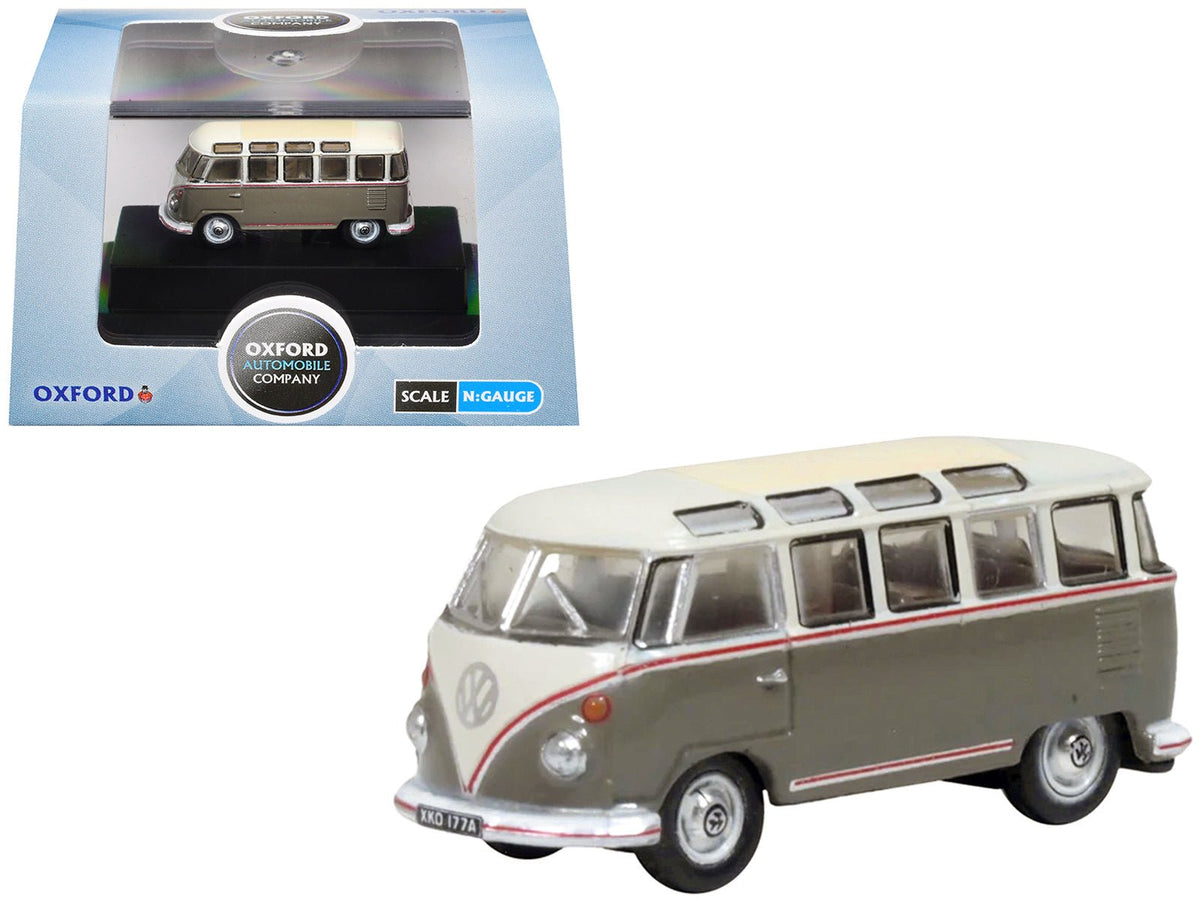 Volkswagen T1 Samba Bus Mouse Grey and Pearl White with Red Stripes 1/148 (N) Scale Diecast Model Car by Oxford Diecast-Oxford Diecast-ModelCars.com
