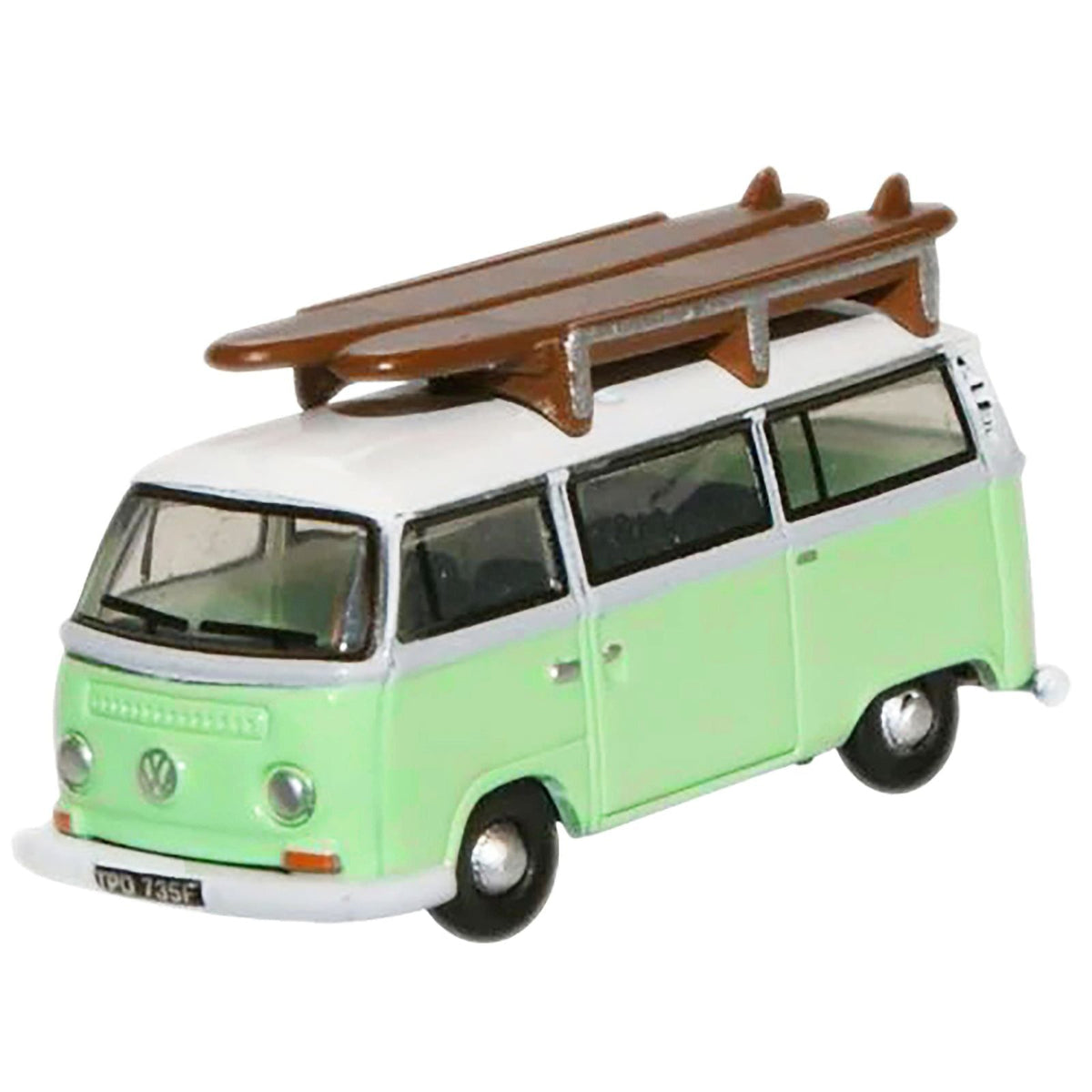 Volkswagen T2 Minibus Light Green and White with Surfboard on Roof Rack 1/148 (N) Scale Diecast Model Car by Oxford Diecast-Oxford Diecast-ModelCars.com