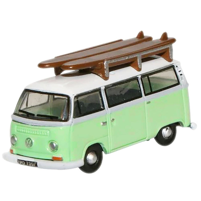 Volkswagen T2 Minibus Light Green and White with Surfboard on Roof Rack 1/148 (N) Scale Diecast Model Car by Oxford Diecast-Oxford Diecast-ModelCars.com