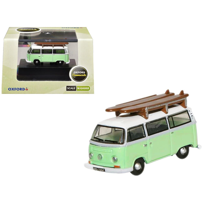 Volkswagen T2 Minibus Light Green and White with Surfboard on Roof Rack 1/148 (N) Scale Diecast Model Car by Oxford Diecast-Oxford Diecast-ModelCars.com