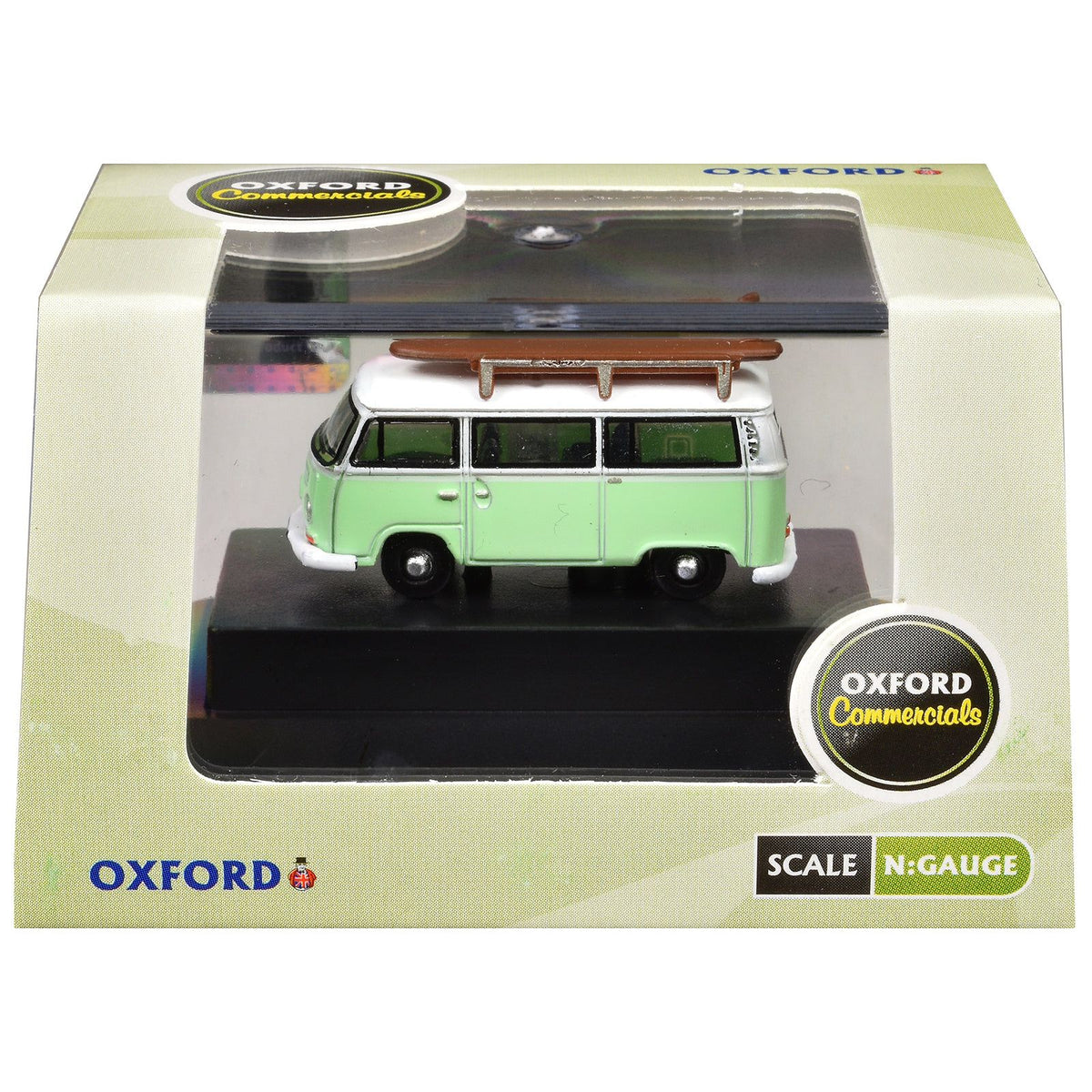 Volkswagen T2 Minibus Light Green and White with Surfboard on Roof Rack 1/148 (N) Scale Diecast Model Car by Oxford Diecast-Oxford Diecast-ModelCars.com