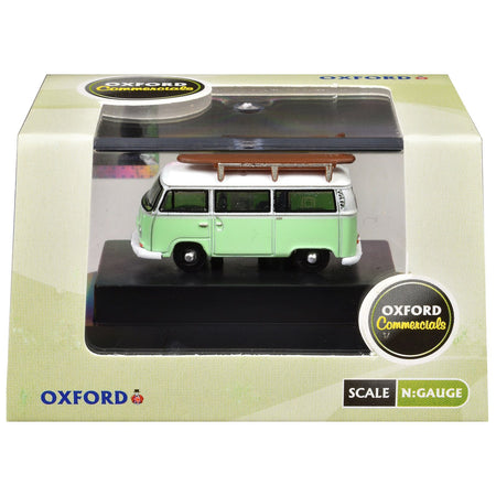Volkswagen T2 Minibus Light Green and White with Surfboard on Roof Rack 1/148 (N) Scale Diecast Model Car by Oxford Diecast-Oxford Diecast-ModelCars.com