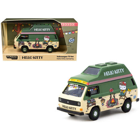 Volkswagen T3 Van "Hello Kitty Camping" Green and Beige with Graphics "Collab64" Series 1/64 Diecast Model Car by Schuco & Tarmac Works-Schuco-ModelCars.com