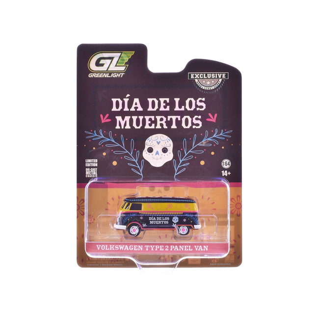 Volkswagen Type 2 Panel Van "Dia de los Muertos 2025" Black and Yellow with Graphics "Hobby Exclusive" Series 1/64 Diecast Model Car by Greenlight-Greenlight-ModelCars.com
