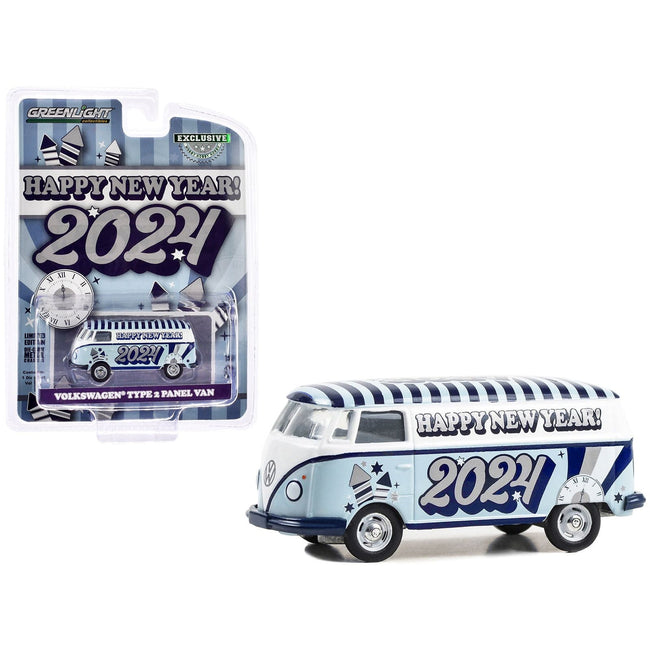 Volkswagen Type 2 Panel Van "Happy New Year 2024" Light Blue and White with Striped Top "Hobby Exclusive" Series 1/64 Diecast Model Car by Greenlight - Greenlight - ModelCars.com