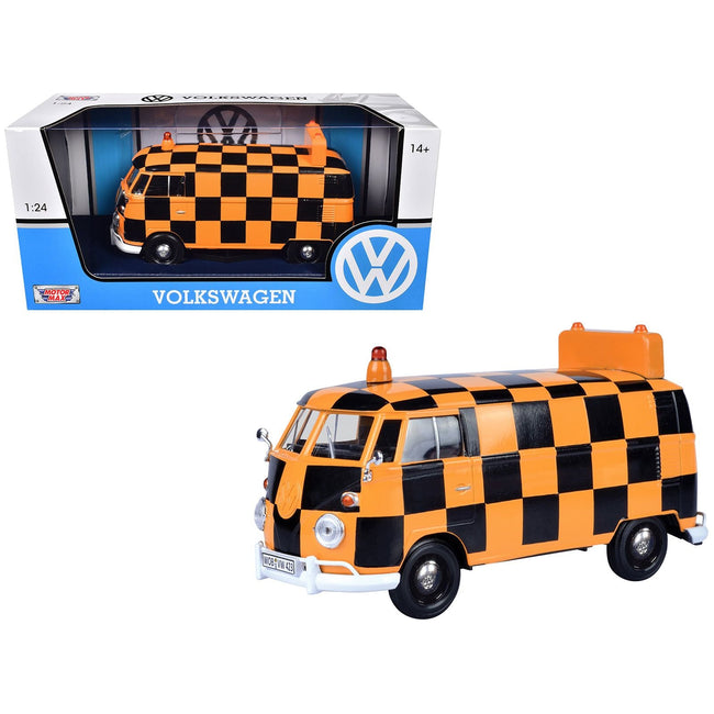 Volkswagen Type 2 (T1) Airport Runway Delivery Van Black and Orange Checkered 1/24 Diecast Model Car by Motormax-Motormax-ModelCars.com