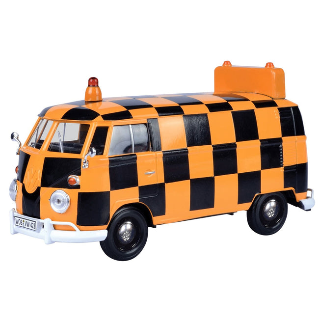 Volkswagen Type 2 (T1) Airport Runway Delivery Van Black and Orange Checkered 1/24 Diecast Model Car by Motormax-Motormax-ModelCars.com