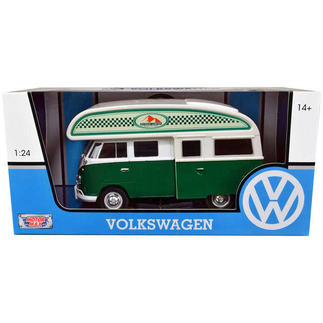 Volkswagen Type 2 (T1) Camper Van Green and White "Outdoor Camping Explore the Forest" 1/24 Diecast Model Car by Motormax - Motormax - ModelCars.com