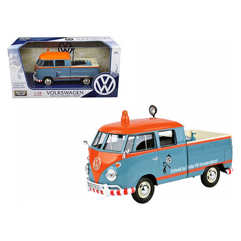 Volkswagen Type 2 (T1) Delivery Service Pickup Truck Blue and Orange "VW - Kundendienst" 1/24 Diecast Model Car by Motormax - Motormax - ModelCars.com