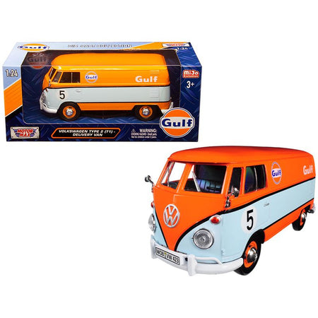 Volkswagen Type 2 (T1) Delivery Van 5 "Gulf" Orange and Light Blue 1/24 Diecast Model Car by Motormax - Motormax - ModelCars.com