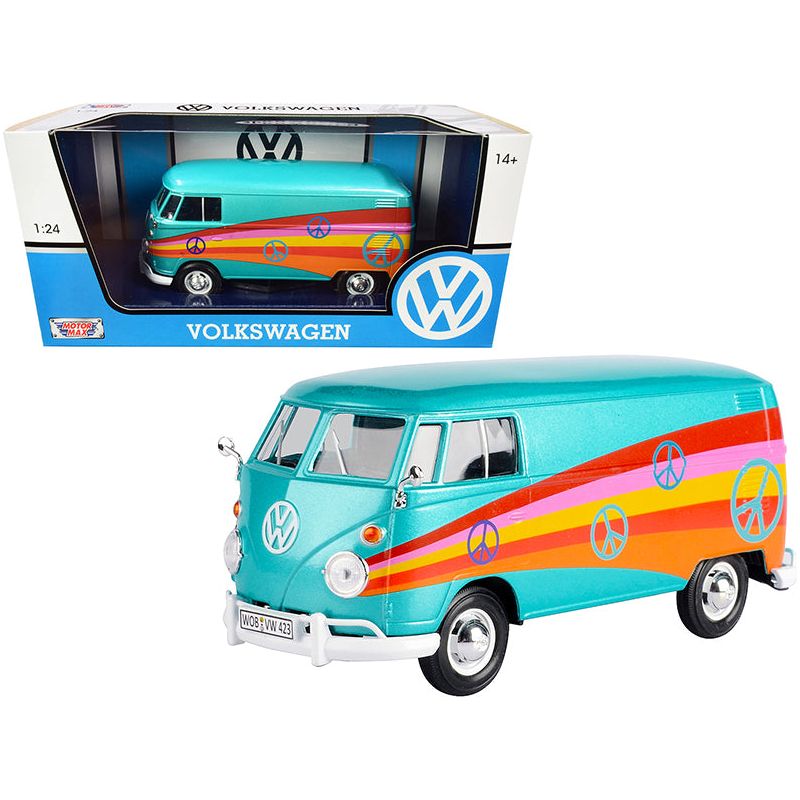 Volkswagen Type 2 (T1) Delivery Van "Peace" Turquoise Metallic 1/24 Diecast Model Car by Motormax - Motormax - ModelCars.com
