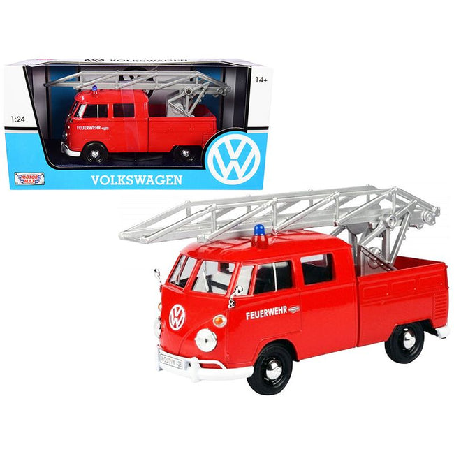 Volkswagen Type 2 (T1) Fire Truck with Aerial Ladder "Feuerwehr" Red 1/24 Diecast Model Car by Motormax - Motormax - ModelCars.com