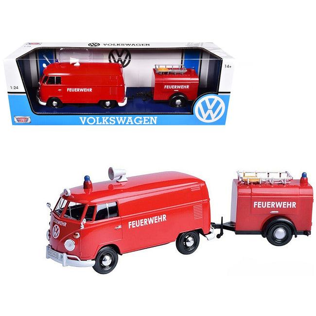 Volkswagen Type 2 (T1) Fire Van with Fire Fighting Trailer "Feuerwehr" Red 1/24 Diecast Model Car by Motormax-Motormax-ModelCars.com