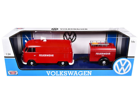 Volkswagen Type 2 (T1) Fire Van with Fire Fighting Trailer "Feuerwehr" Red 1/24 Diecast Model Car by Motormax-Motormax-ModelCars.com