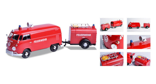 Volkswagen Type 2 (T1) Fire Van with Fire Fighting Trailer "Feuerwehr" Red 1/24 Diecast Model Car by Motormax-Motormax-ModelCars.com