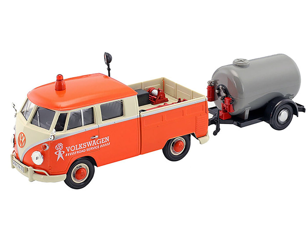 Volkswagen Type 2 (T1) Pickup Truck Orange and Cream with Oil Trailer "Road Service" 1/24 Diecast Model Car by Motormax-Motormax-ModelCars.com