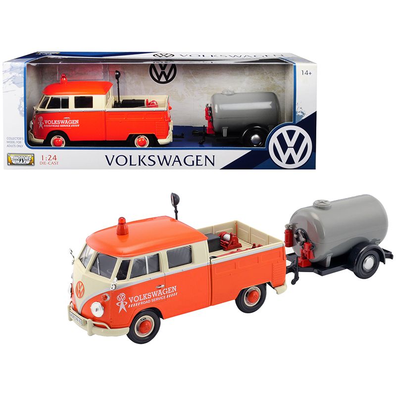 Volkswagen Type 2 (T1) Pickup Truck Orange and Cream with Oil Trailer "Road Service" 1/24 Diecast Model Car by Motormax-Motormax-ModelCars.com