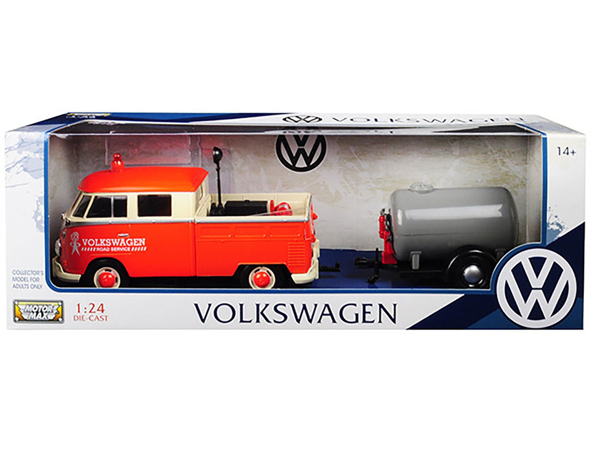 Volkswagen Type 2 (T1) Pickup Truck Orange and Cream with Oil Trailer "Road Service" 1/24 Diecast Model Car by Motormax-Motormax-ModelCars.com
