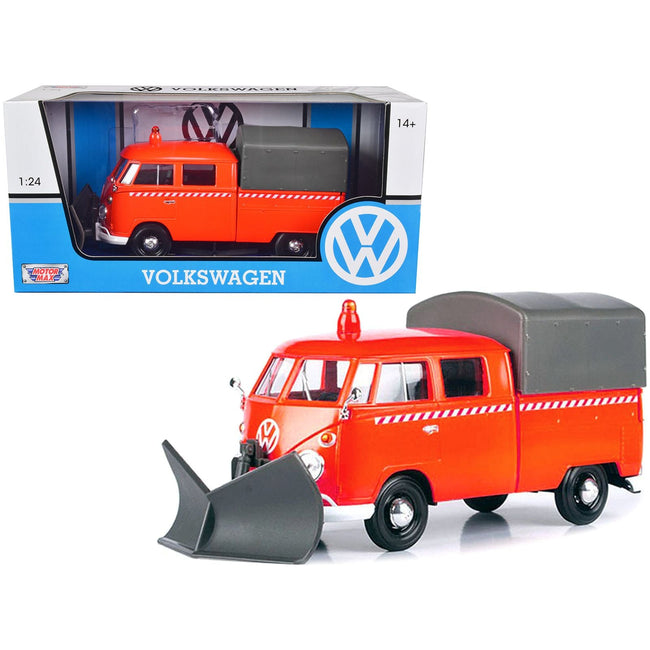Volkswagen Type 2 (T1) Pickup Truck Orange with Snow Plow and Camper Shell 1/24 Diecast Model Car by Motormax - Motormax - ModelCars.com