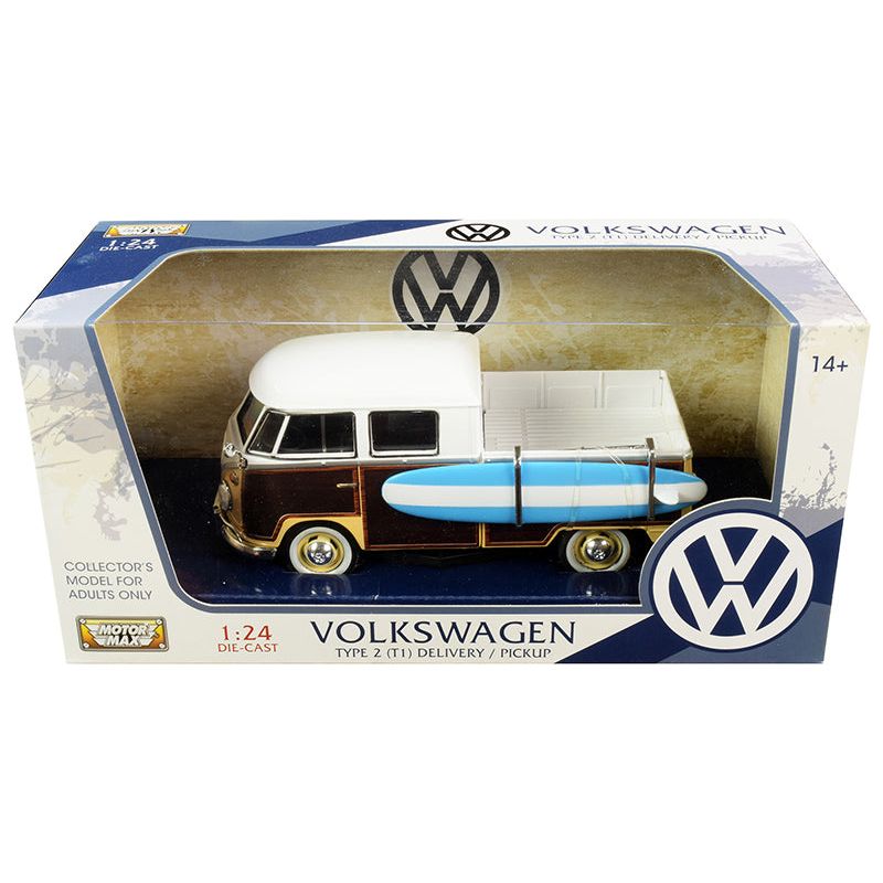 Volkswagen Type 2 (T1) Pickup White and Yellow with Wood Paneling with Surfboard 1/24 Diecast Model Car by Motormax - Motormax - ModelCars.com